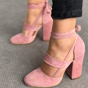 FSJ Comfy Cute Lace up Block Heel Pumps Sandals